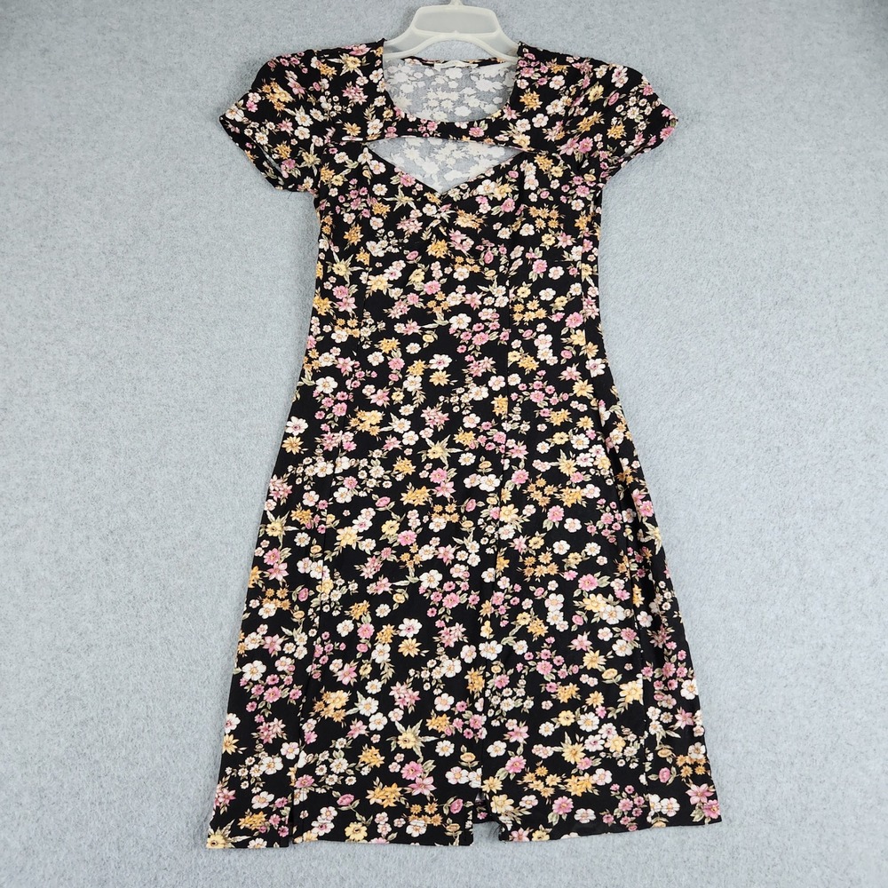 Ultra Flirt Mini Dress‎ Womens Small Black Floral Cutout Detail Short Sleeve